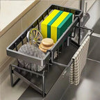 Multifunctional Kitchen Sink Storage Rack - Metal Sponge Holder, Dishwashing Liquid Storage Box, and Self-Draining Tray - No-Drill Installation, Compact Storage, High-Quality Manufacturing, Kitchen Sink Accessories, Sink Storage Rack