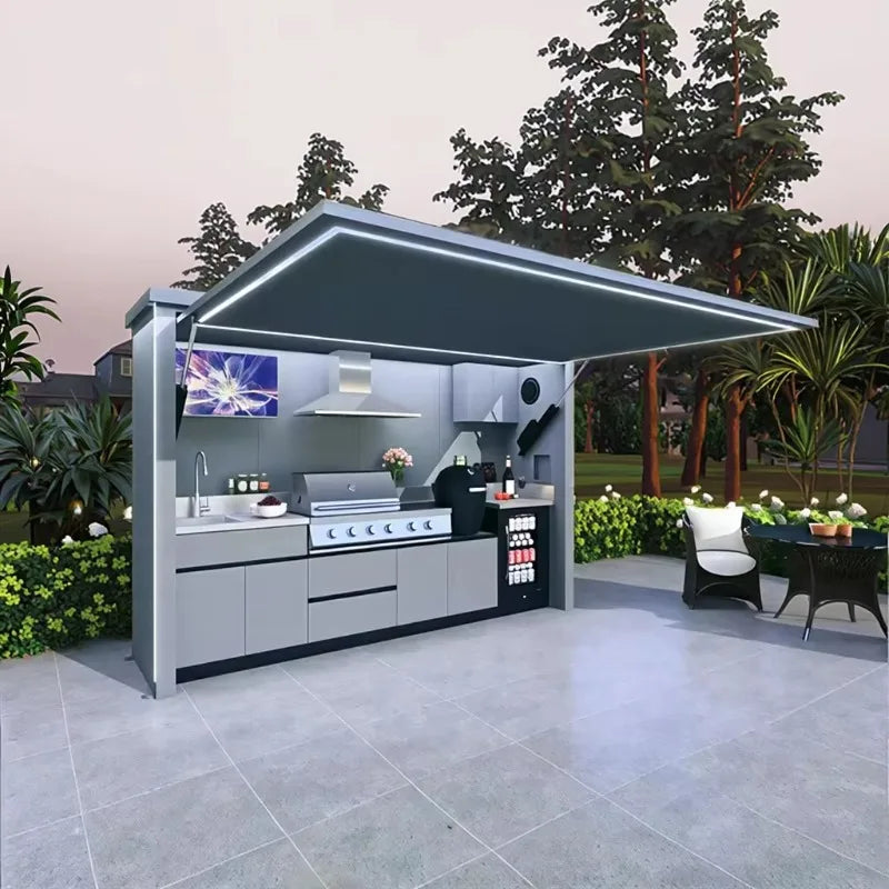 Customized Eco Friendly Mobile Outdoor Kitchen Multifunctional Steel Design Equipped Sink Refrigerator For Outdoor Park
