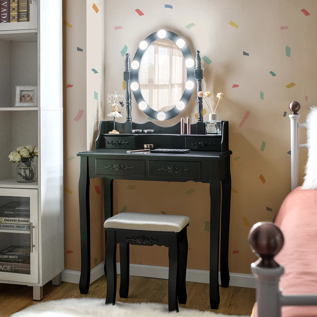 4 Drawers Vanity Table Dressing Table W/10 Dimmable Bulbs &Touch Switch Black