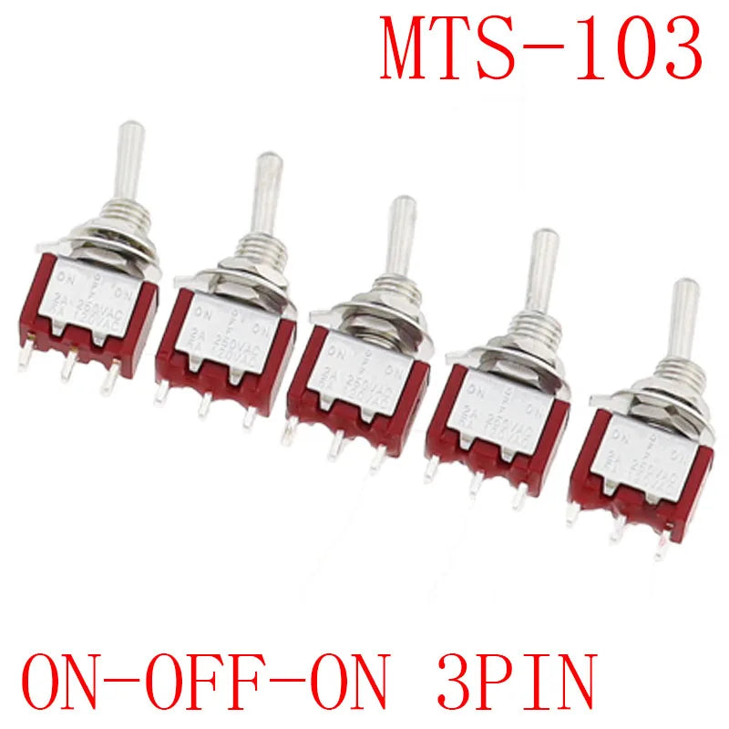 5Pcs Miniature Toggle Switch Single Pole Double Throw ON-OFF-ON /ON-ON 120VAC 6A 1/4 Inch Mounting MTS-102 103 202 203