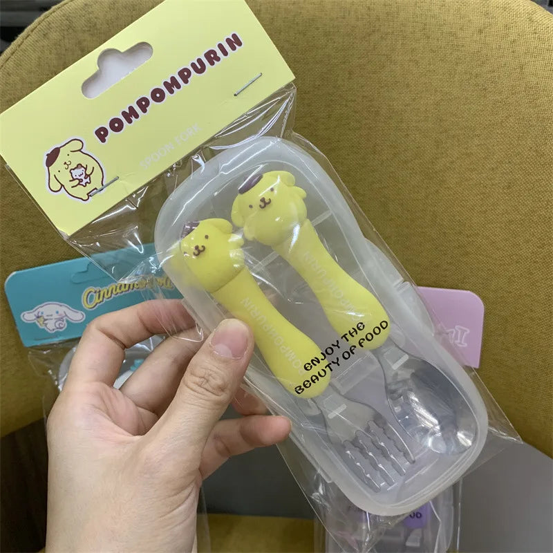 Cartoon Hello Kitty Children's Portable Tableware Anime Cinnamoroll My Melody Kuromi 304 Stainless Steel Fork and Spoon Set