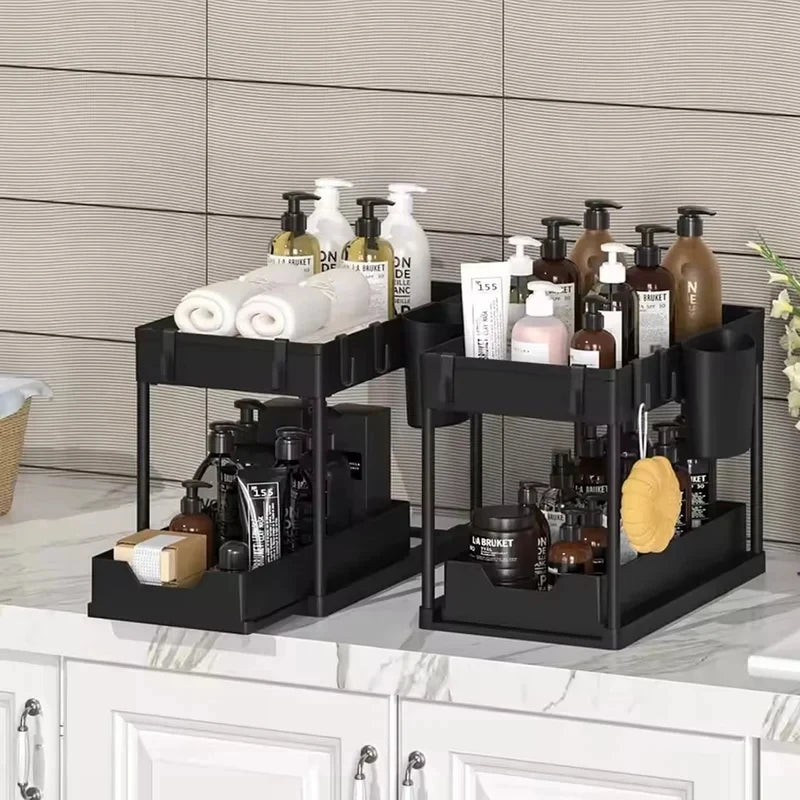 Kitchen Bathroom Under Sink Organizer 2 Tier Sliding Pull Out Drawer 1 Pack Storage Rack for Pantry Laundry Cabinet