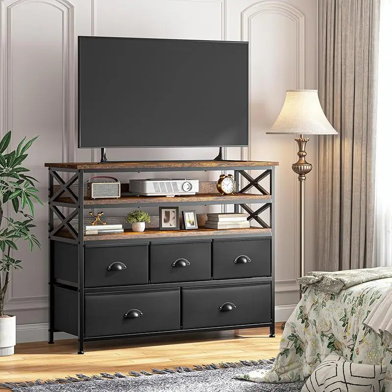 TV Stand 50" TV, Sturdy Dresser for Bedroom with 5 Fabric and Wood Open Shelves, Dressers & Chest of Drawers