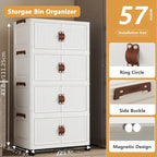 Multi-layer Foldable Double Door Plastic Storage Cabinet with Wheels - Large Capacity Organizer for Bedroom Living Room Kitchen