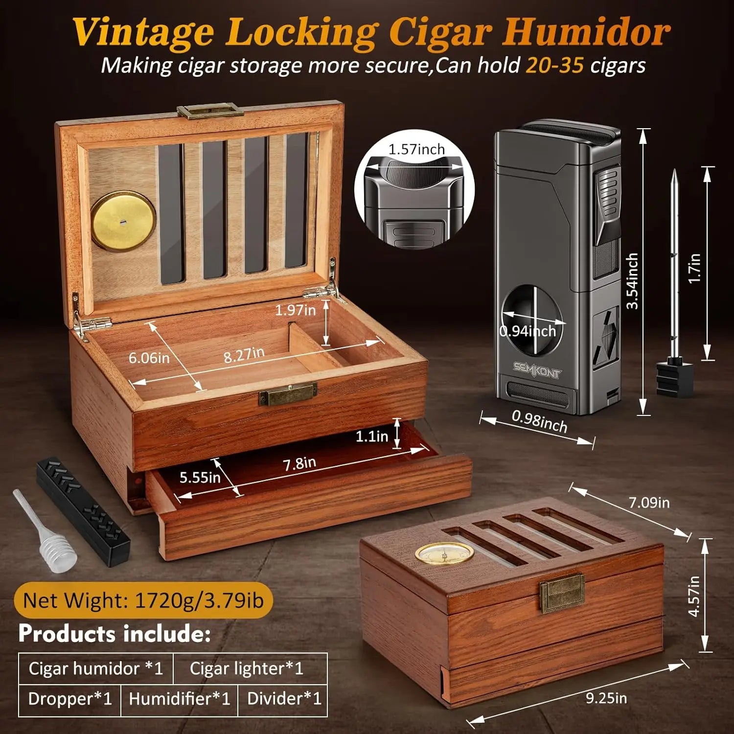 Cigar Humidor,Vintage Lock&Accessory Drawer Cedar Wood,Recessed Hygrometer Glass Top Desktop Humidor for 20-35 Cigars