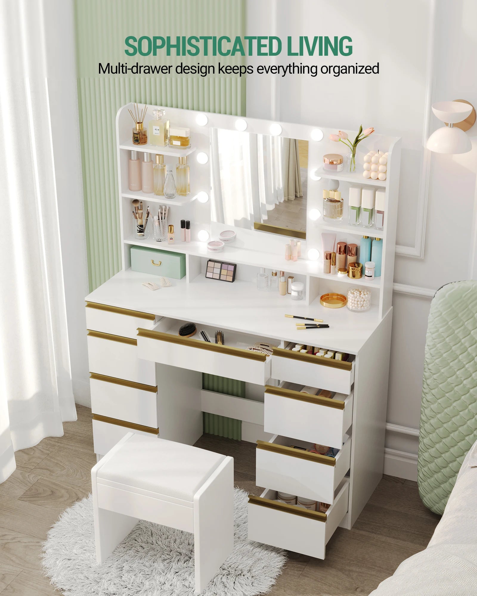 Dressing Table with 10 LED Light Balls,3 Colors,Adjustable Brightness,Large HD Mirror,1 Large Drawer and 8 Small Drawer Cabinets