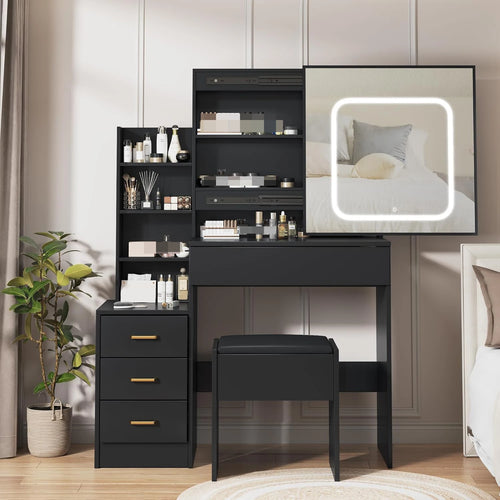 Vanity Desk with Mirror and Led Lights, Makeup Vanity Desk with Sliding Lighted Mirror, Dressing Table Storage for Bedroom