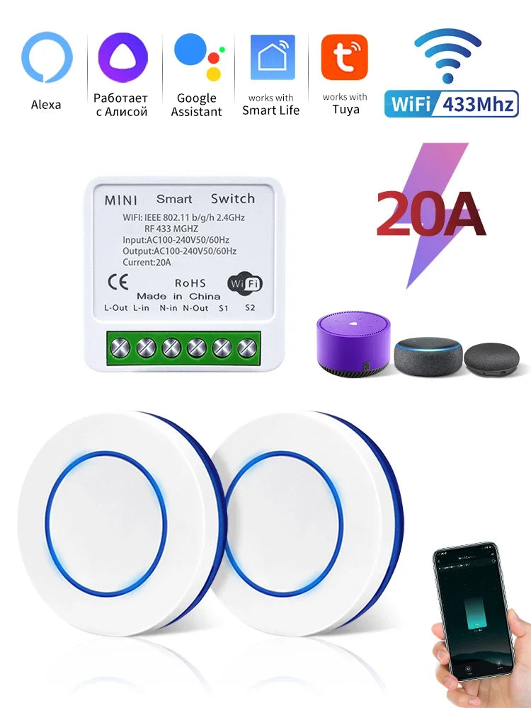 Tuya WiFi Smart Switch 16A 20A 100-240V Relay Controller RF433Mhz Wireless Remote Control Mini Round Panel Switch For LED Lamp