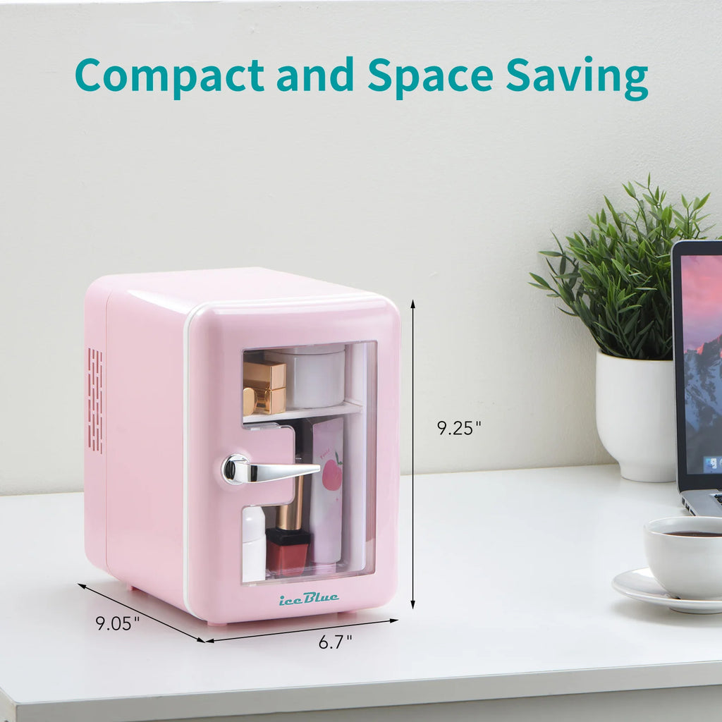 iceBlue Viewing Window Mini Fridge 4L/6Can Makeup Drink Dual-use Cooler Warmer Refrigerator for Camping Car Home Dormitory Gift