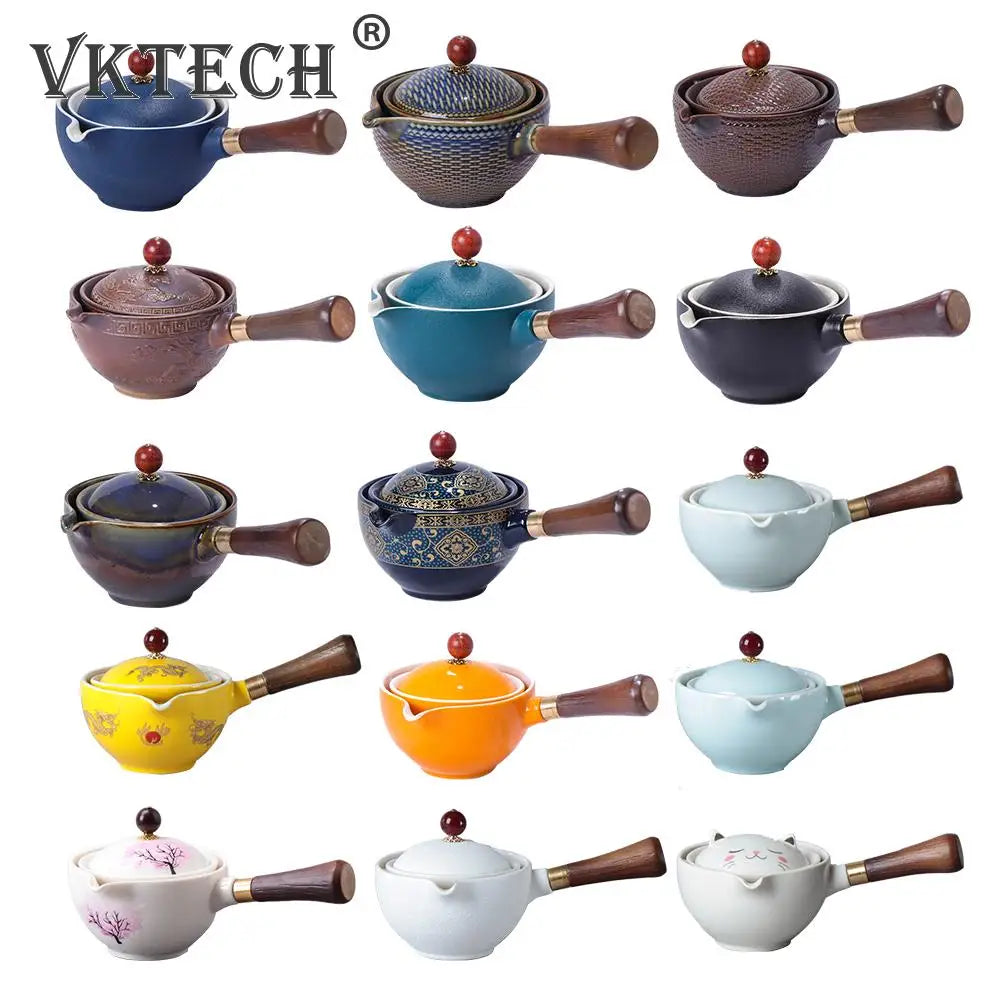 Portable Chinese Gongfu Kung Fu Tea Set 360 Rotating Teapot Ceramic Tea Maker Infuser Wooden Handle Pot Cup for Home Office