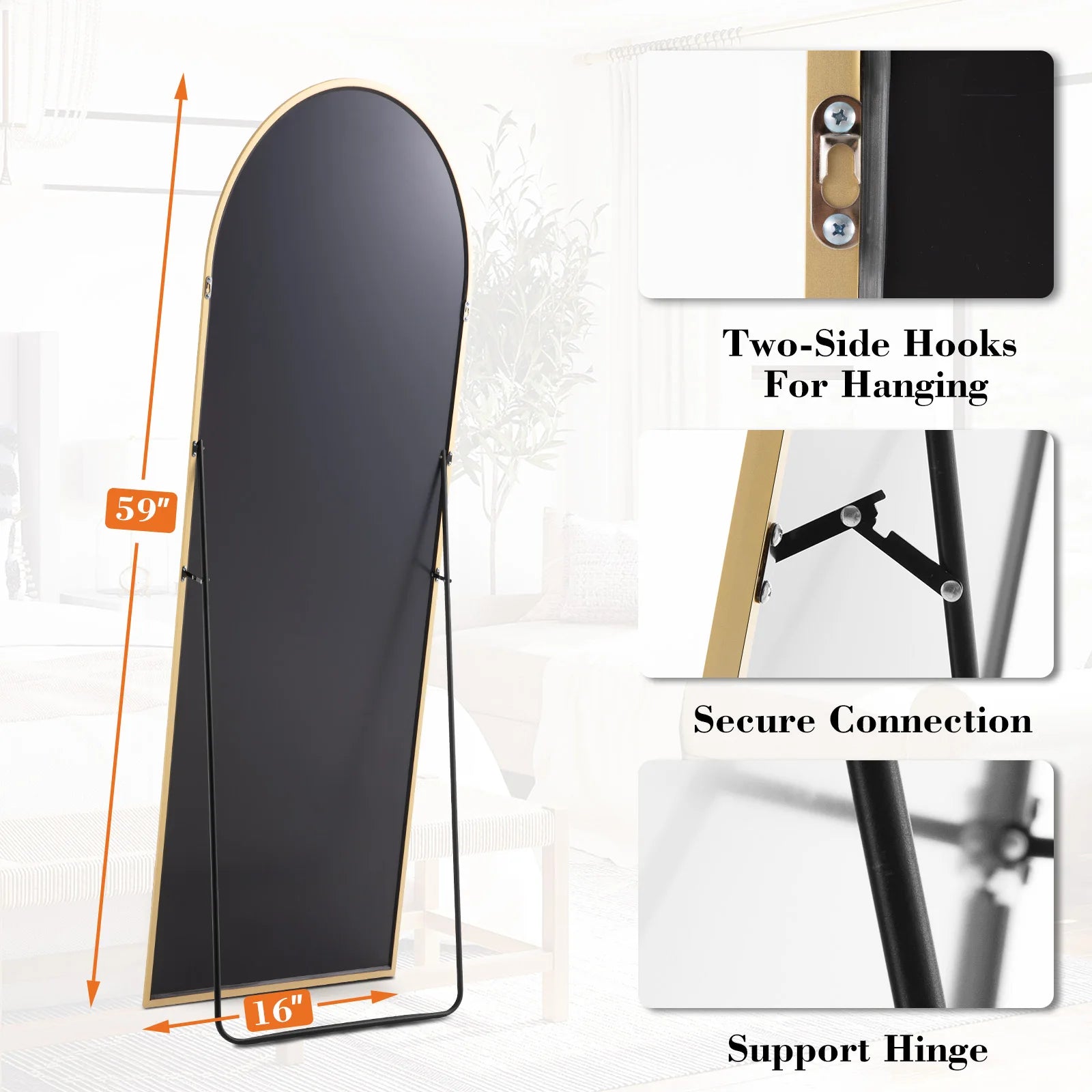 JHK-Full Length Arched Right Angle Mirror with Stand for Living Room, Sturdy Aluminum Alloy Frame, Bedroom Furniture, 59 "x 16"