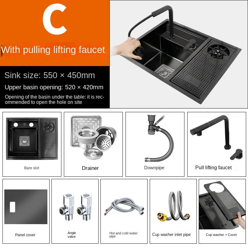 55CMX45CM Kitchen Sink Nano 304 Stainless Steel Vegetable Wash Basin Single Sink Wash Basin Sink Adjustable Folding Faucet