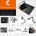 55CMX45CM Kitchen Sink Nano 304 Stainless Steel Vegetable Wash Basin Single Sink Wash Basin Sink Adjustable Folding Faucet