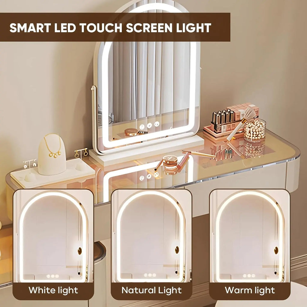 Vanity Set Solid Wood Vanities Desk with LED Smart Mirror and Drawers Modern Vanity Table with Glass Countertop and Makeup Stool