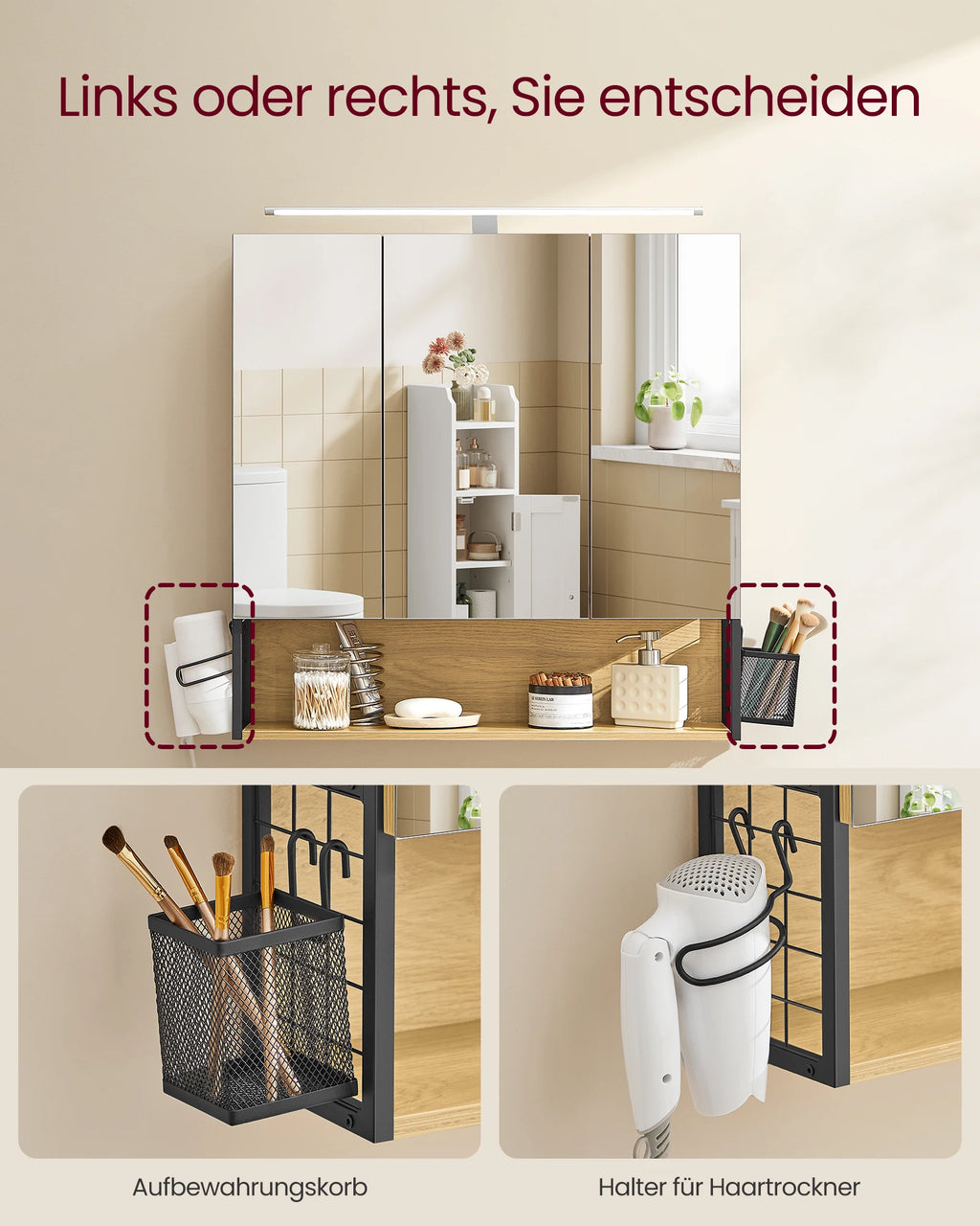 VASAGLE Mirror Cabinet Bathroom with Lighting Cable
