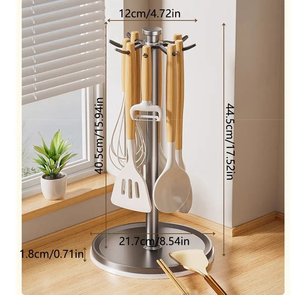 8 Hooks Kitchen Utensils Stand 360 Degree Rotating with Water Tray Flatware Storage Rack Non-slip Rust-proof