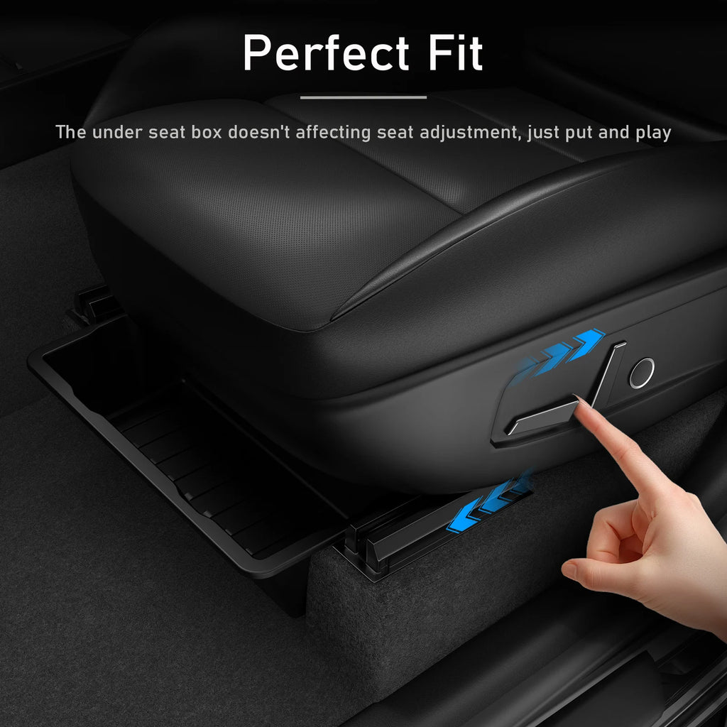 For Tesla Model Y Juniper 2025 Front Rear Under Seat Storage Box Bins Center Console Organizer Hidden Drawer Travel Accessories