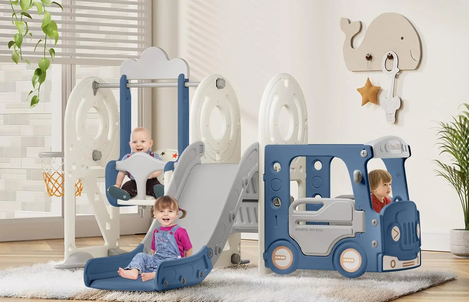 5 in 1 Toddler Slide and Swing Set, Kid Slide for Toddlers Age 1-3, Bus Themed Baby Slide with Basketball Hoop