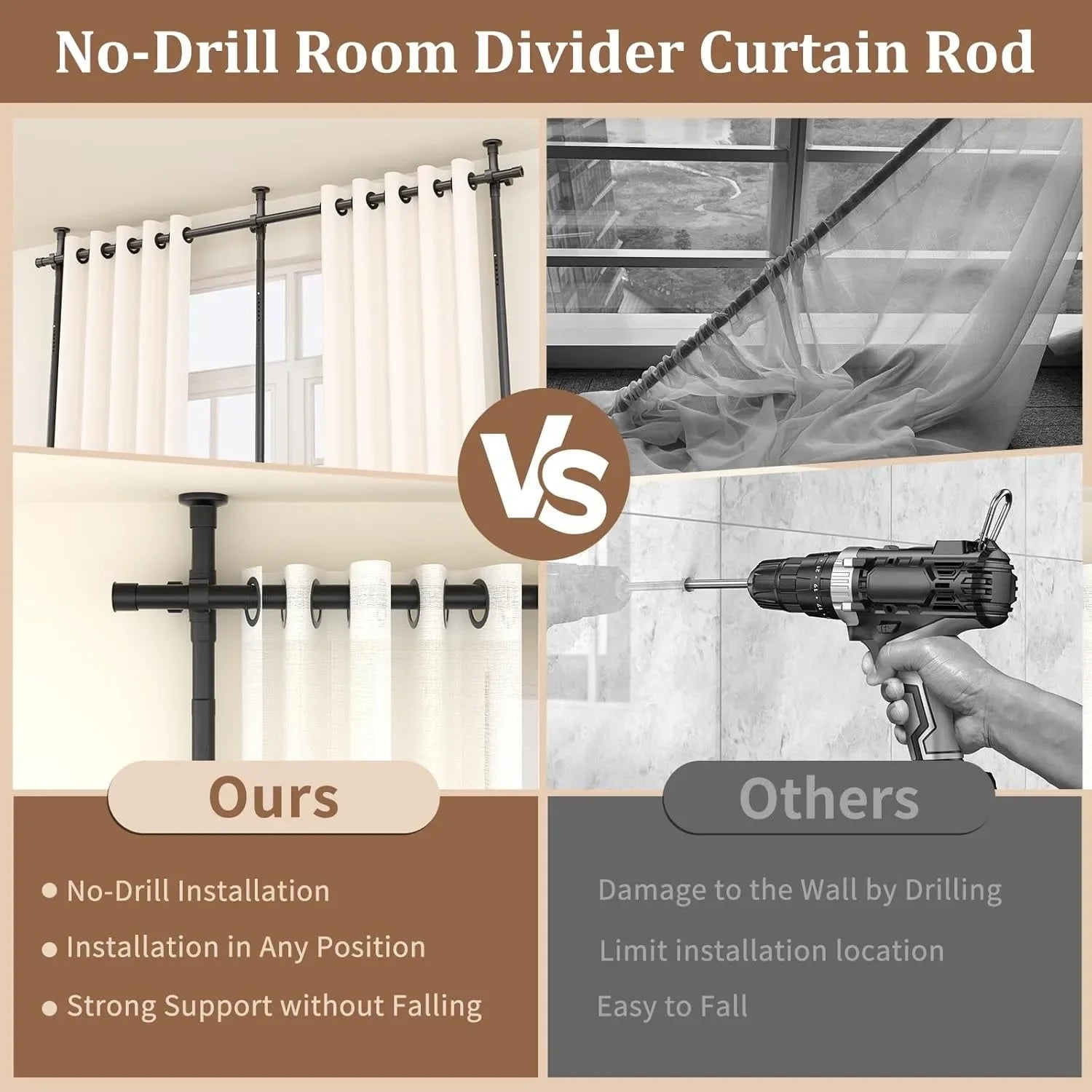 Room Divider, Height and Width Adjustable No Drilling Curtain Rod, Heavy Duty Metal Tension Wall Divider for Room Separation