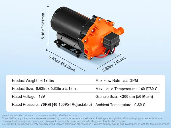 VEVOR RV Water Pressure Diaphragm Pump 3.3GPM / 3.5GPM / 5.5GPM Adjustable Self Priming Sprayer Pump for Camper Marine Boat Lawn