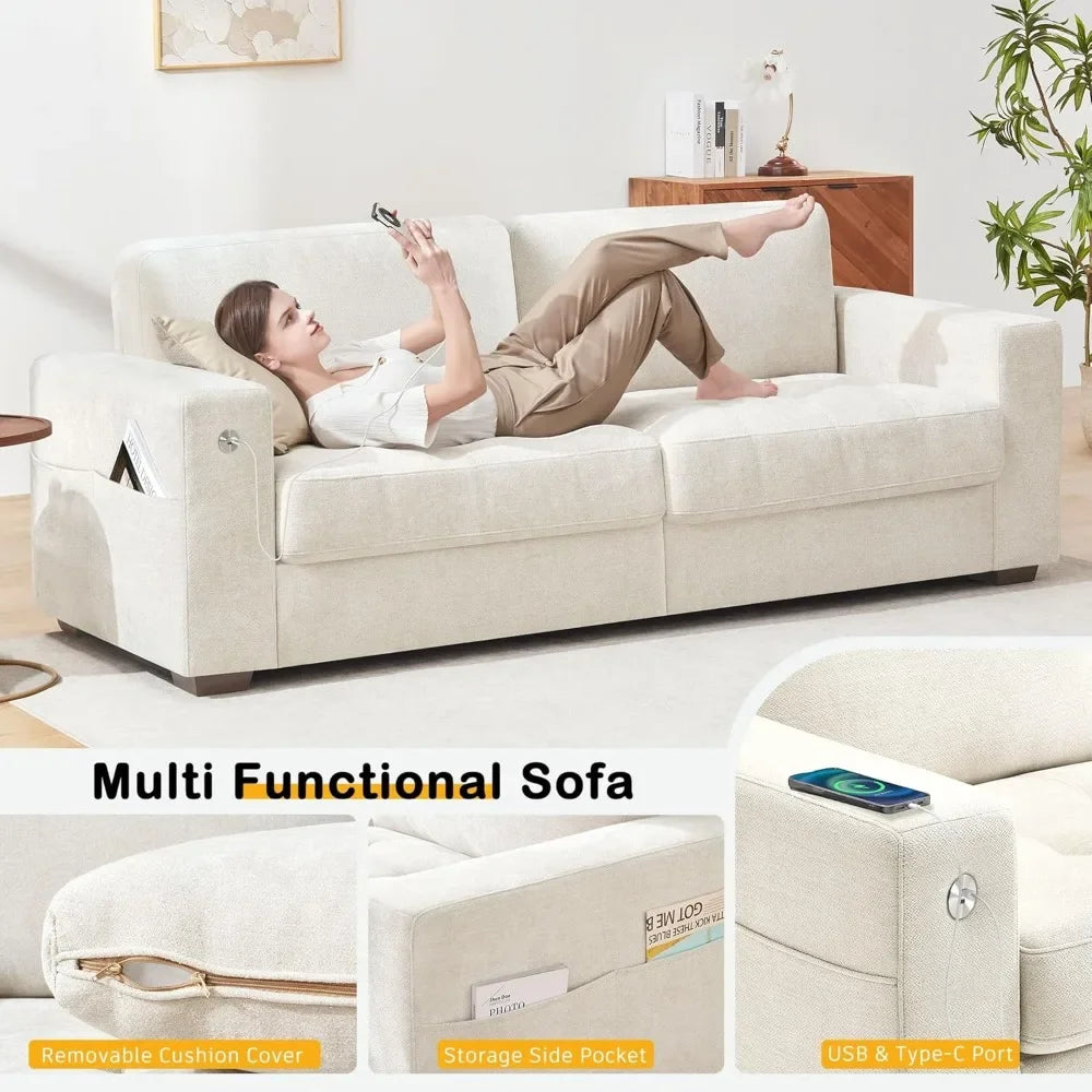 Modern 89" Sofa - Chenille, USB/Type-C, Removable Cover for Small Spaces