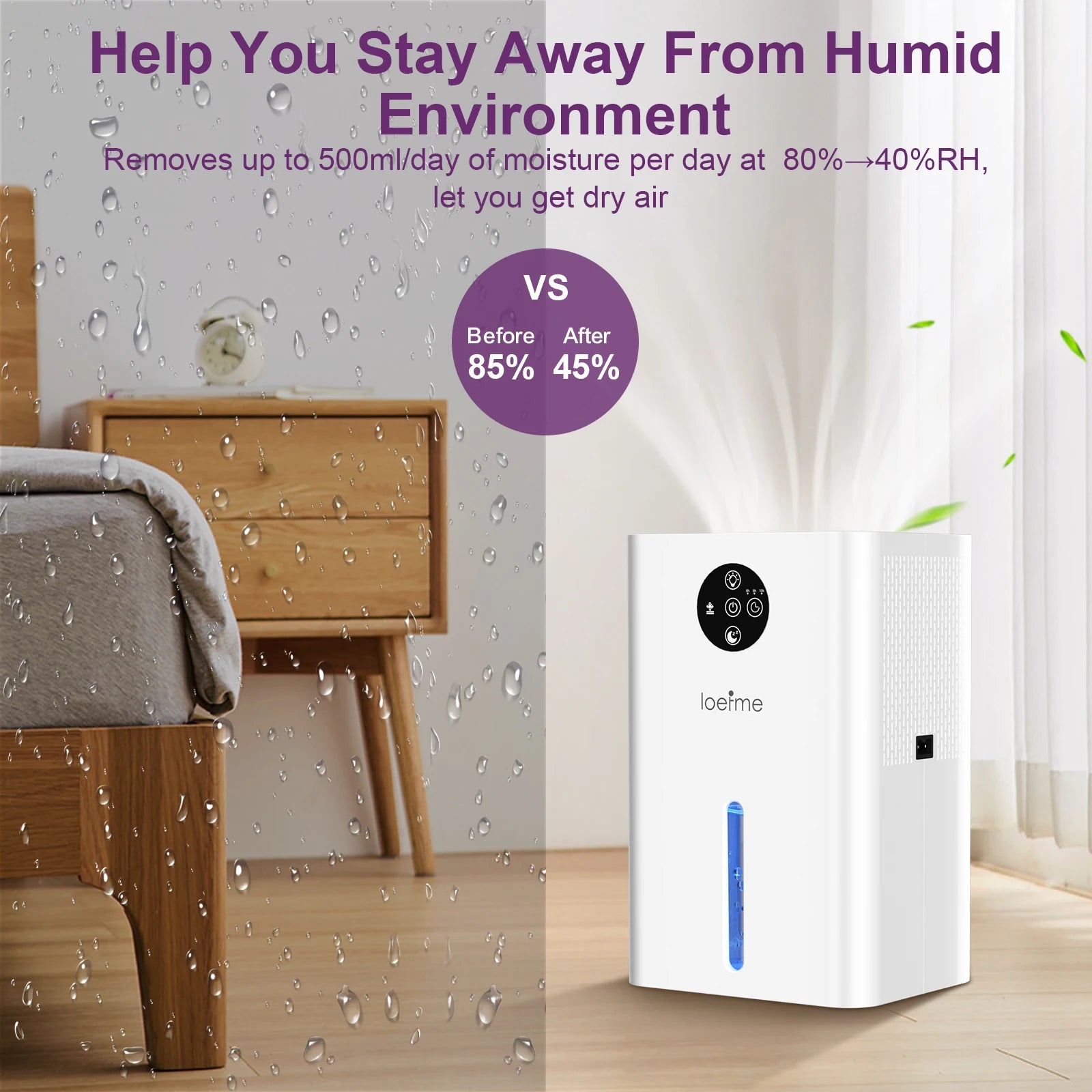 LOEFME 1.8L Silent Dehumidifier Portable Mini Air Dehumidifier with Touch Display LED Light Area 5–20m² for Home Bedroom Office
