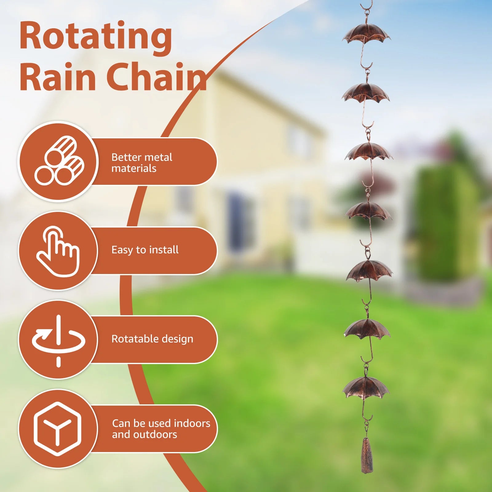 Metal Rain Chain Pinecone/Umbrella Decorative Rain Gutter Chains Vintage Gutter Chain Downspout with Hooks for Yard Garden Decor