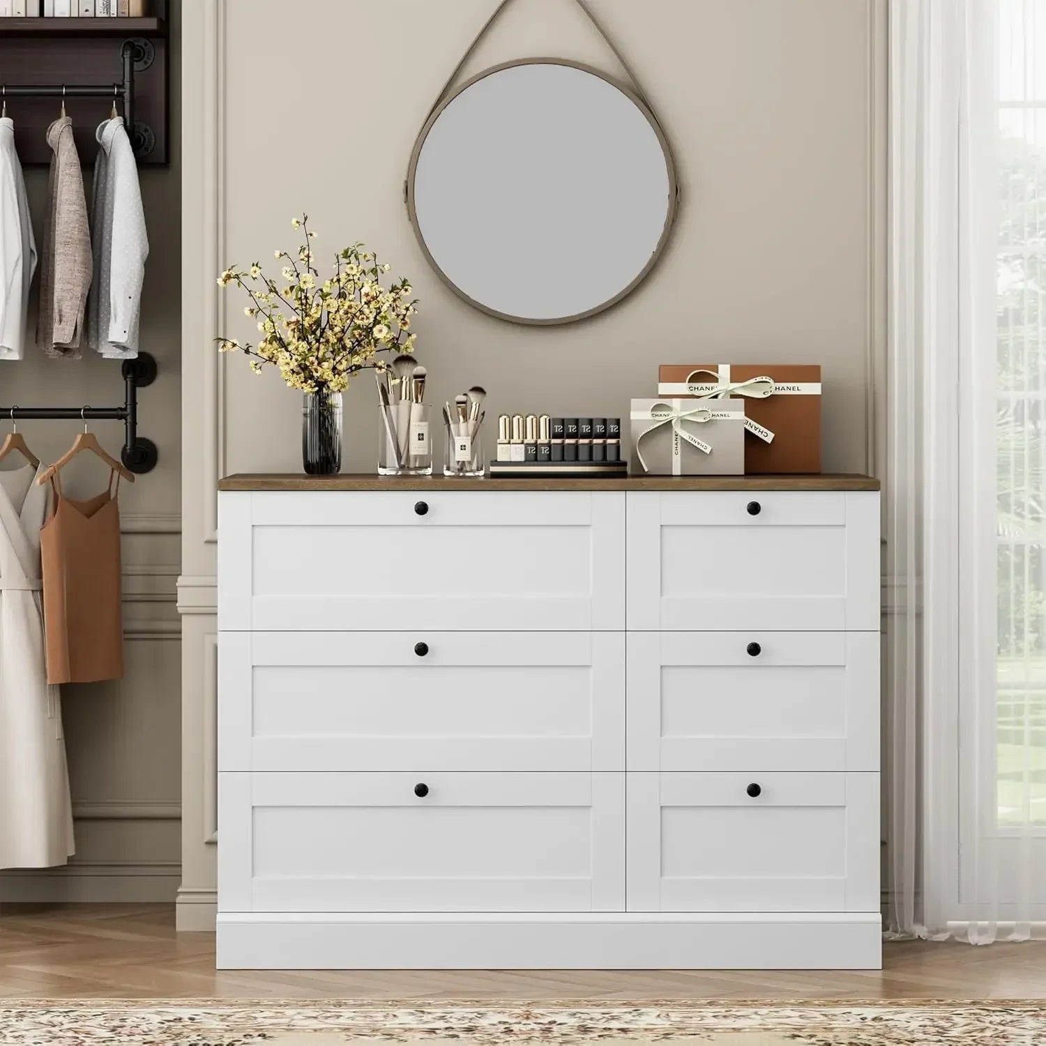 6 Drawer Dresser, White Dresser for Bedroom, Wood Chest of Drawers, Modern Farmhouse Drawer Chest, Wide Double Dresser