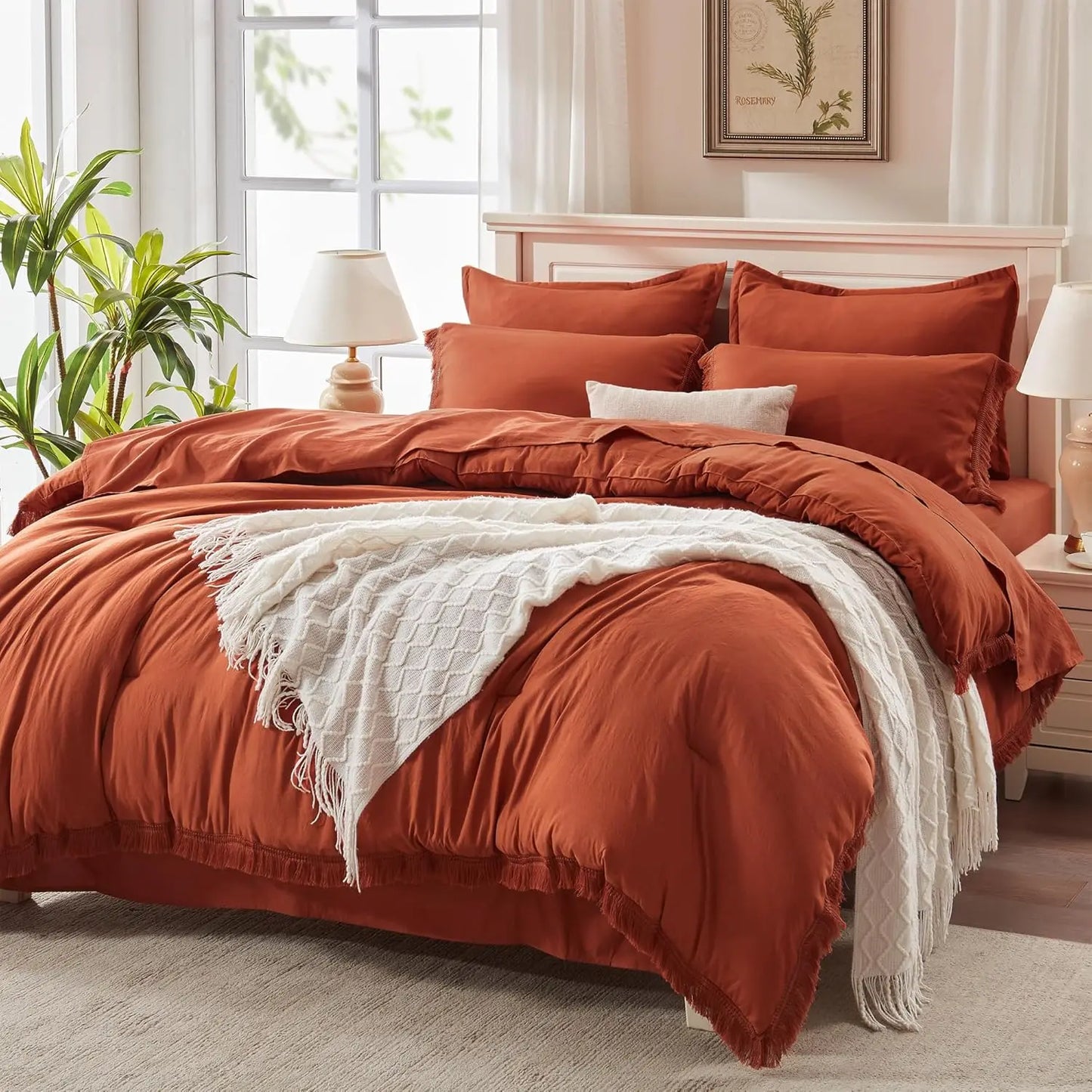 Comforter Set King Size, with Sheets 7 Pieces Boho Tassel Bed in a Bag Soft Lightweight Bedding Sets, All Season Fringe Bed Set