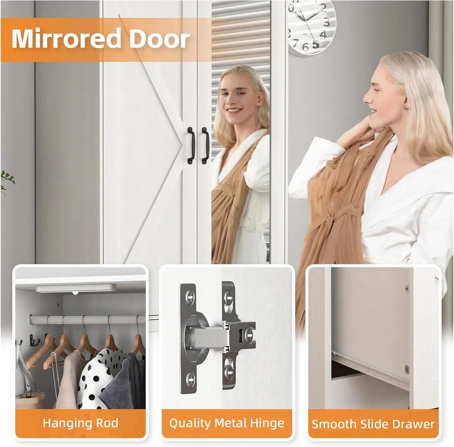Armoire Wardrobe Closet with Doors & Mirror,72‘‘ Wardrobe Cabinet with 2 Drawers & Hanging Rod,Clothing Storage Adjustable Shelf