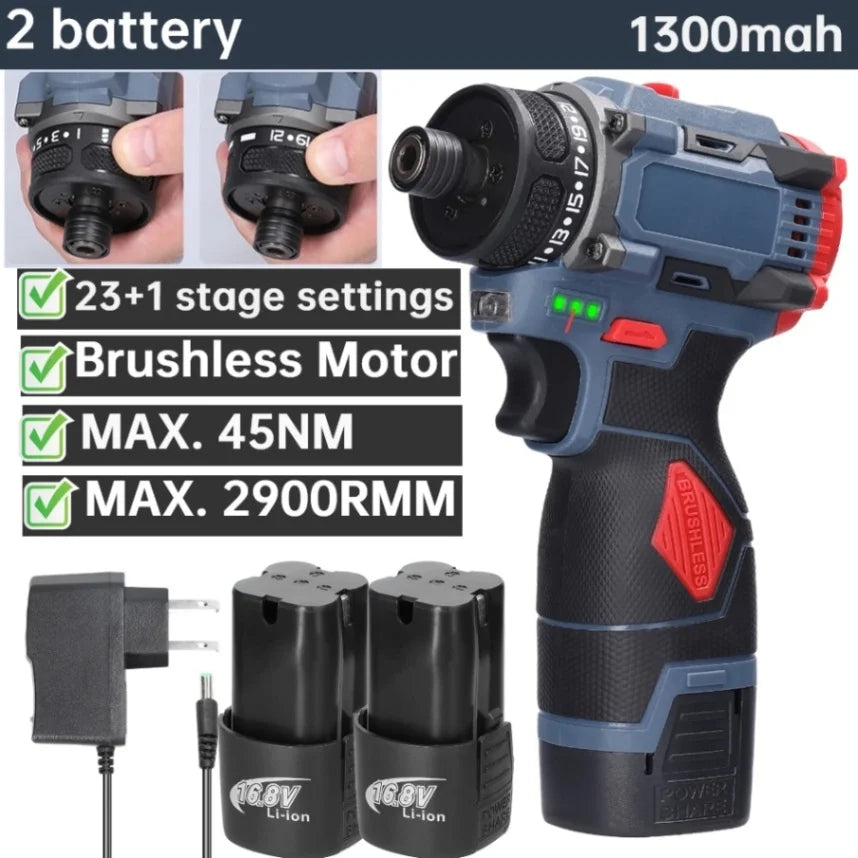 16.8V Brushless Screwdriver Lithium Electric Drill Rechargeable Hand Drill Screwdriver Electric Tool Torque Drill Repairing Kit