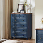 Farmhouse 6 Drawer Dresser, Chest of Drawers for Bedroom, 43.5" Tall Blue Dresser with Roman Column and Metal Handles, Rustic Wo