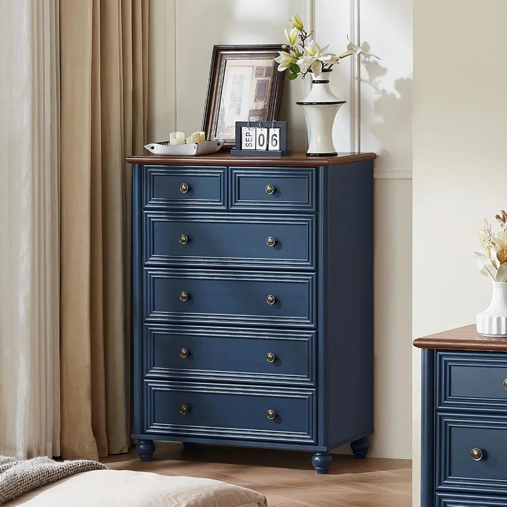 Farmhouse 6 Drawer Dresser, Chest of Drawers for Bedroom, 43.5" Tall Blue Dresser with Roman Column and Metal Handles, Rustic Wo
