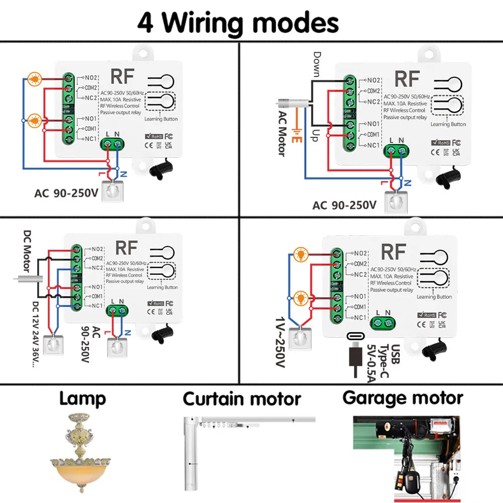 Rf 433Mhz Wireless Remote Control Switch AC110V 220V 230V 10A 2300W 2CH Relay Receiver Remote Control for Lights garage door