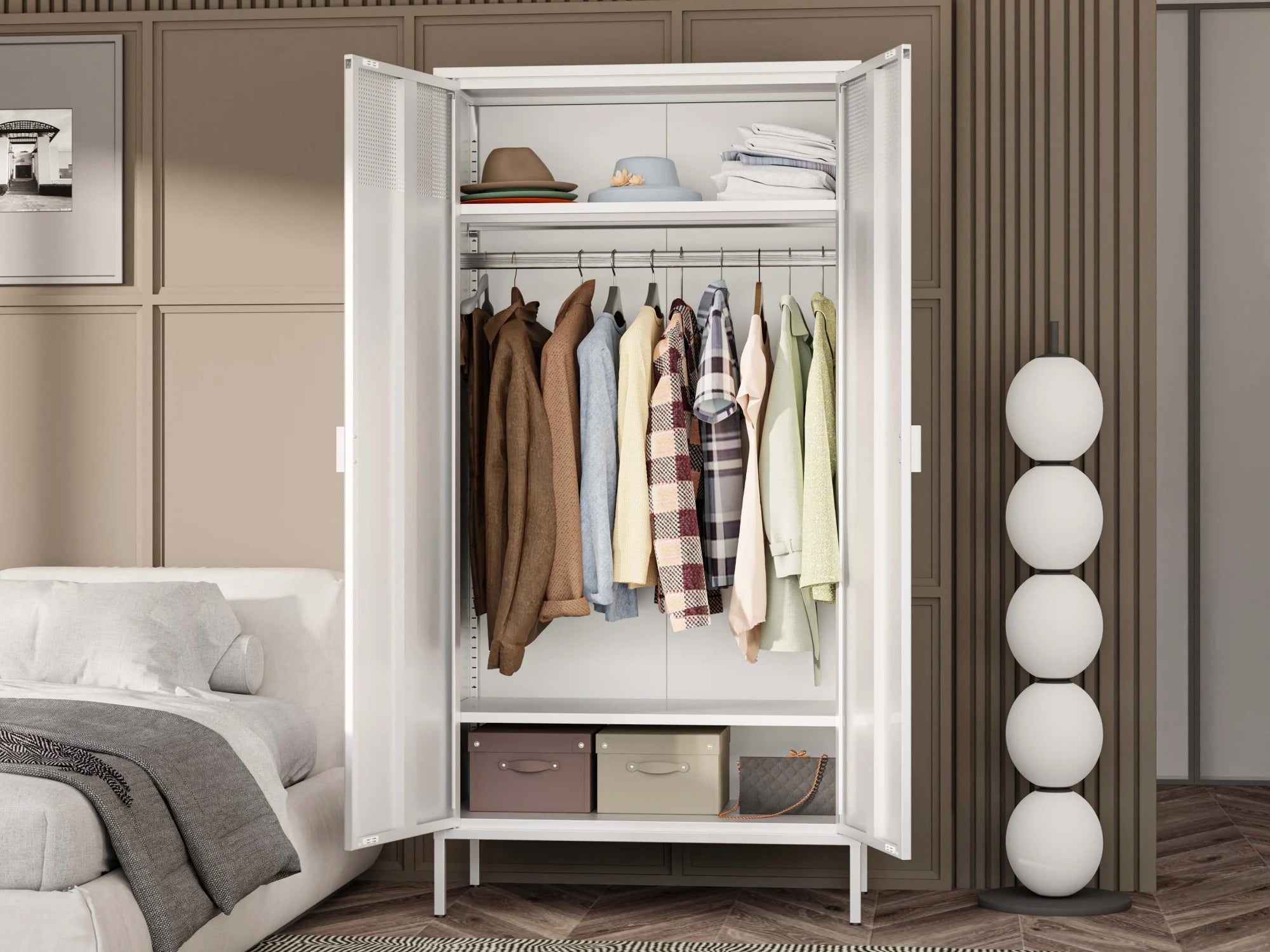 71 Inches White Metal Wardrobe Cabinet with Hanging Rod, Metal Armoire Wardrobe Closet with Doors for Bedroom, Office.
