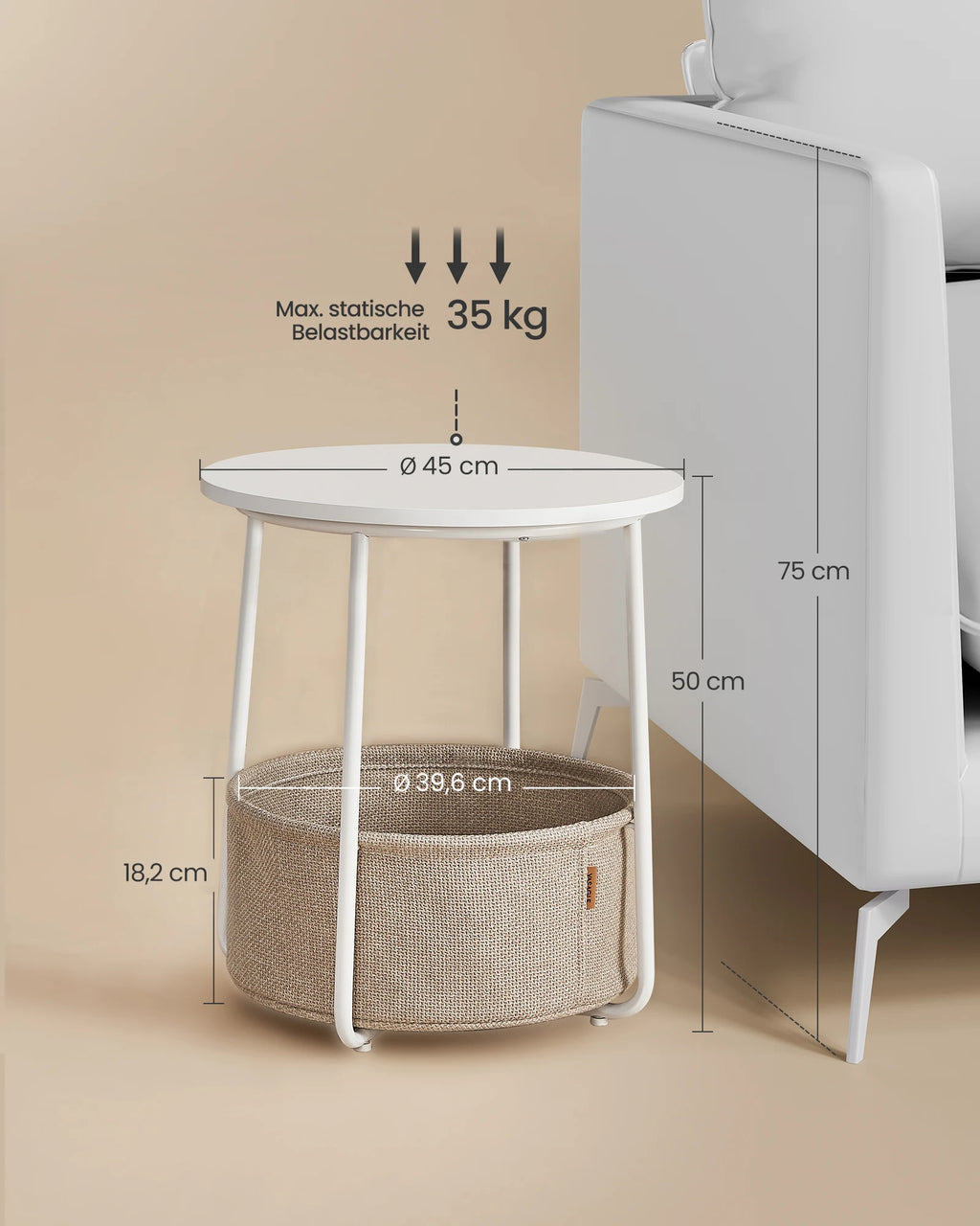VASAGLE side table round small table coffee table small living room table with fabric basket living room storage space