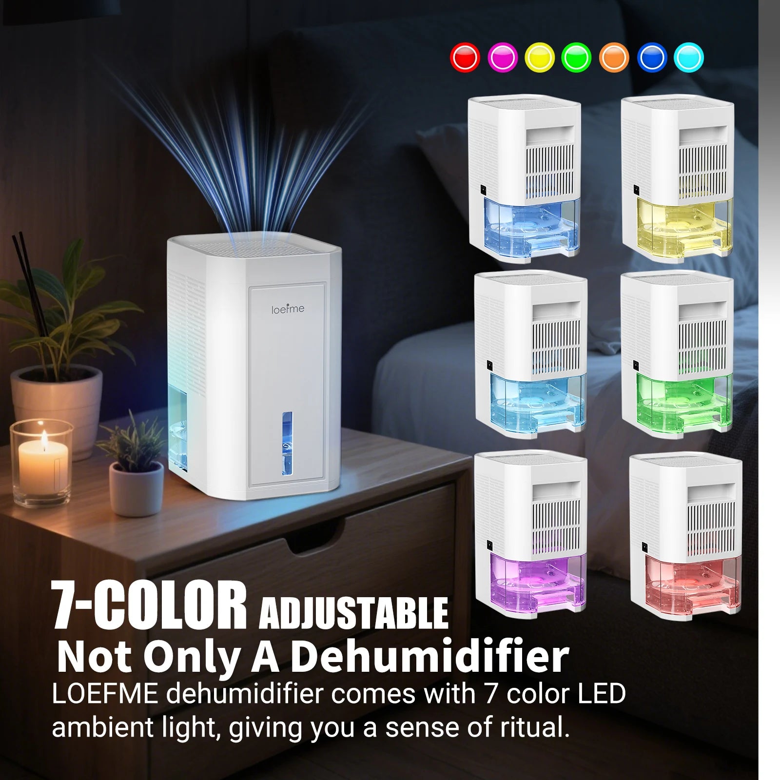LOEFME Electric Dehumidifier 1000ML with Timer, Low Noise, 7 Color Light, Mini Air Dehumidifier, for Bedroom, Bathroom, Wardrobe