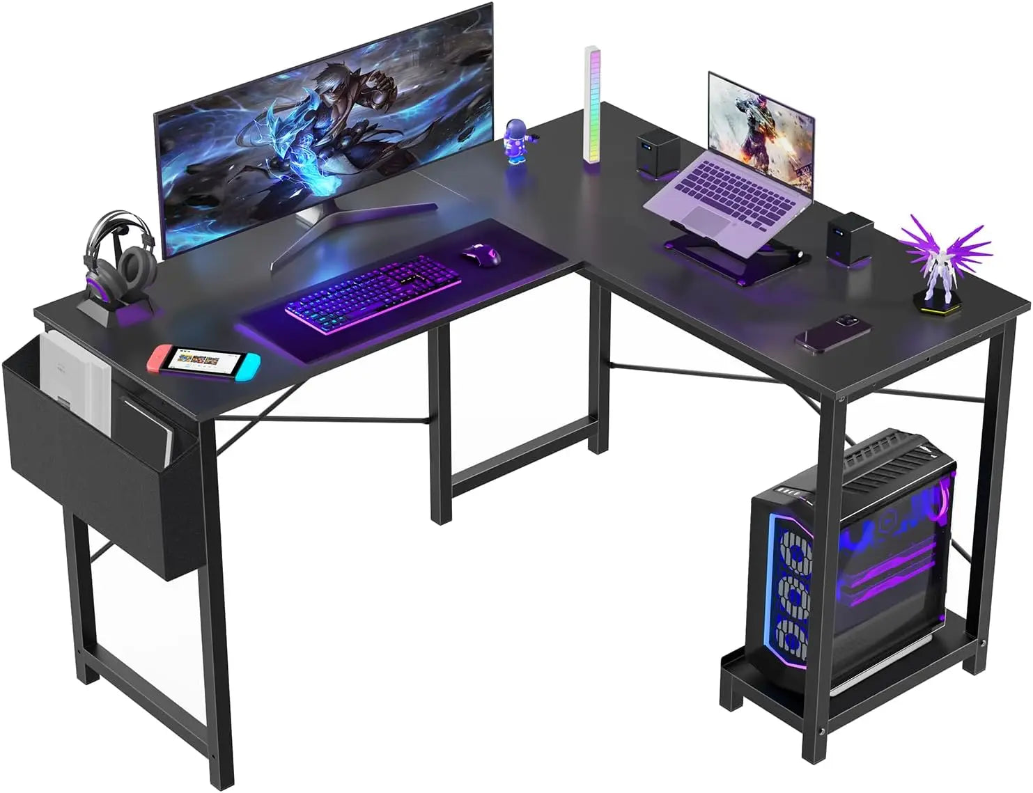 50-inch L-Shaped Gaming Desk with CPU Stand - Black