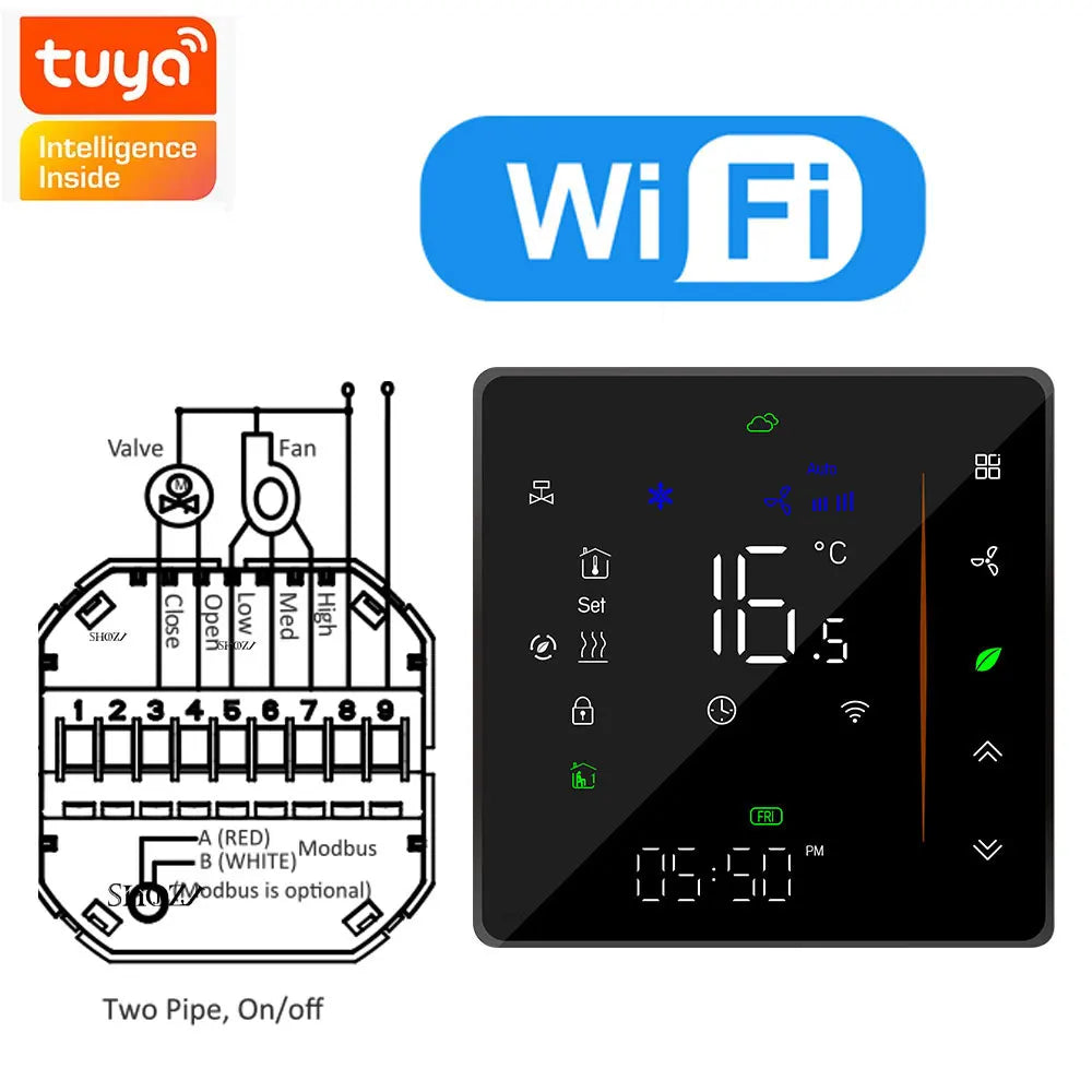 Zigbee & Wi-Fi & MODBUS TUYA Thermostat for Fan Coil Unit, 2P/4P, Cooling/Heating Function,RS485 95-240V, Smart HVAC Control
