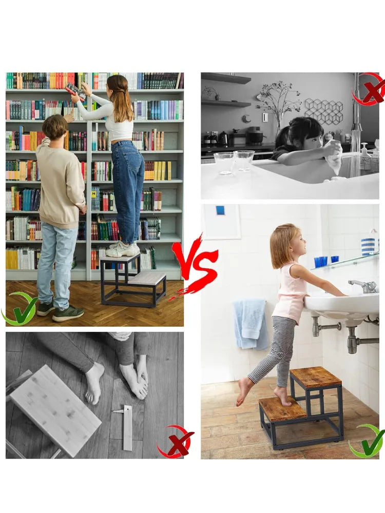2-Step Stool for Adults & Kids, Heavy-Duty Steel & Wooden, Supports 500lbs, Ideal for Kitchen, Bedroom, Bathroom