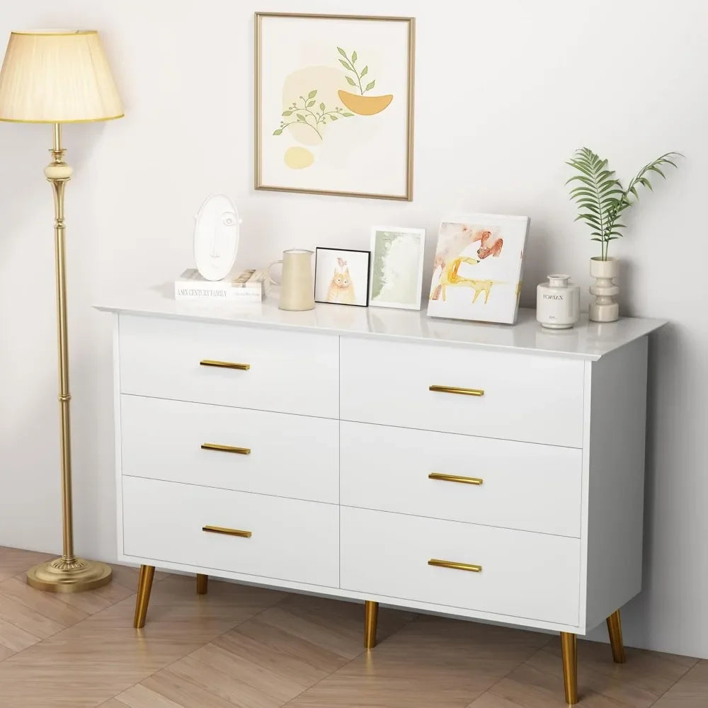 White Dresser for Bedroom with 6 Drawers, Dresser, Wood Dressers Chest of Drawers with Gold Handles, Modern LED Bedroom Dresser