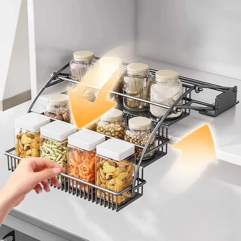Kitchen Storage Rack Pull-Down Hanging Basket Under-Cabinet Spice Drawer Overhead Telescoping Seasoning Shelf for Small Kitchens