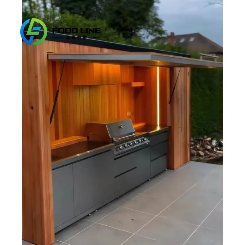 Customized One Stop Integrated Outdoor BBQ Kitchen With Refrigerator Sink Storage Cabinet Retractable Door Shelter
