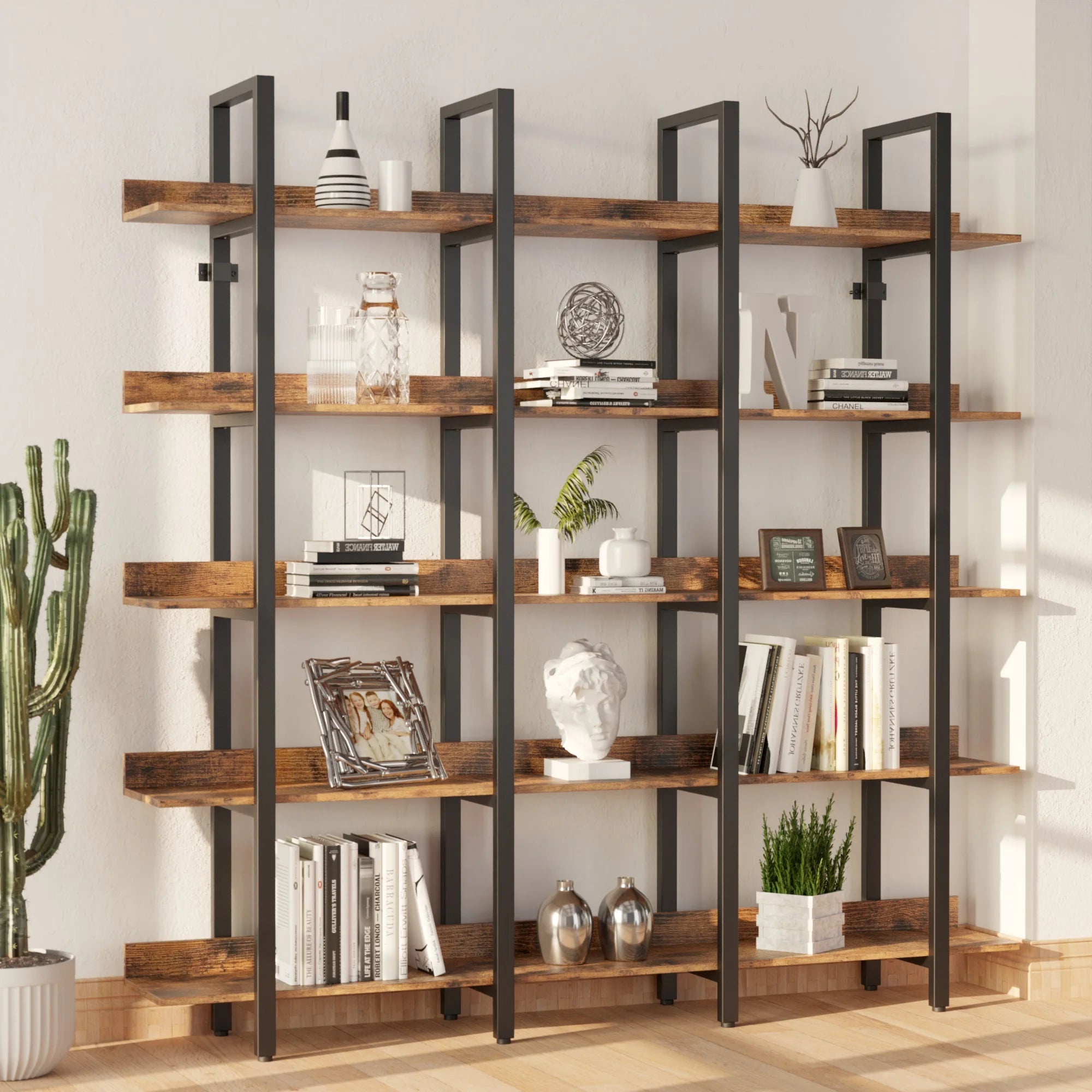IRONCK Bookcase and Bookshelves Triple Wide 6-Tiers Large Open Shelves, Etagere Bookcases with Back Fence for Home Office Brown