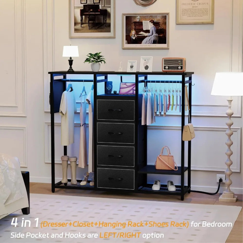 Dresser for Bedroom with 2 Clothes Racks, 4 Drawer Closet with Led Light and Charging Station, Black Wardrobe with Hanging Rack,