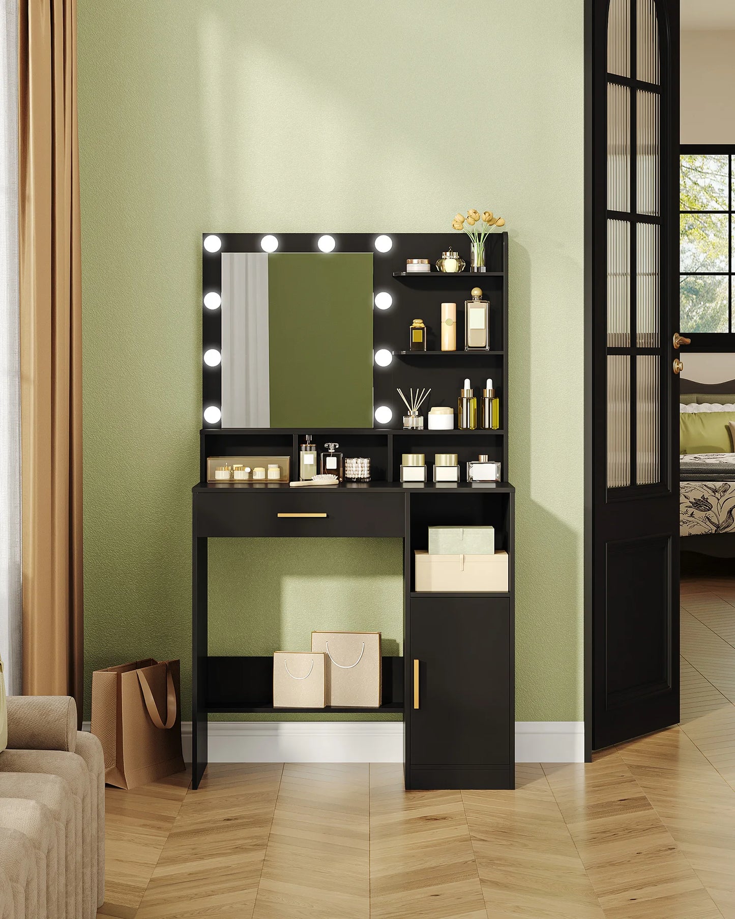 Hzuaneri Dressing Table with Mirror and 10 LED Lights, Vanity Unit with 3 Shelves & 4 Open Compartments, with Large Drawer