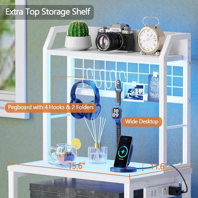 41'' Tall Nightstand with Charging Station, Bedside Table with LED Lights, End Table with 2 Drawers and Storage Shelves