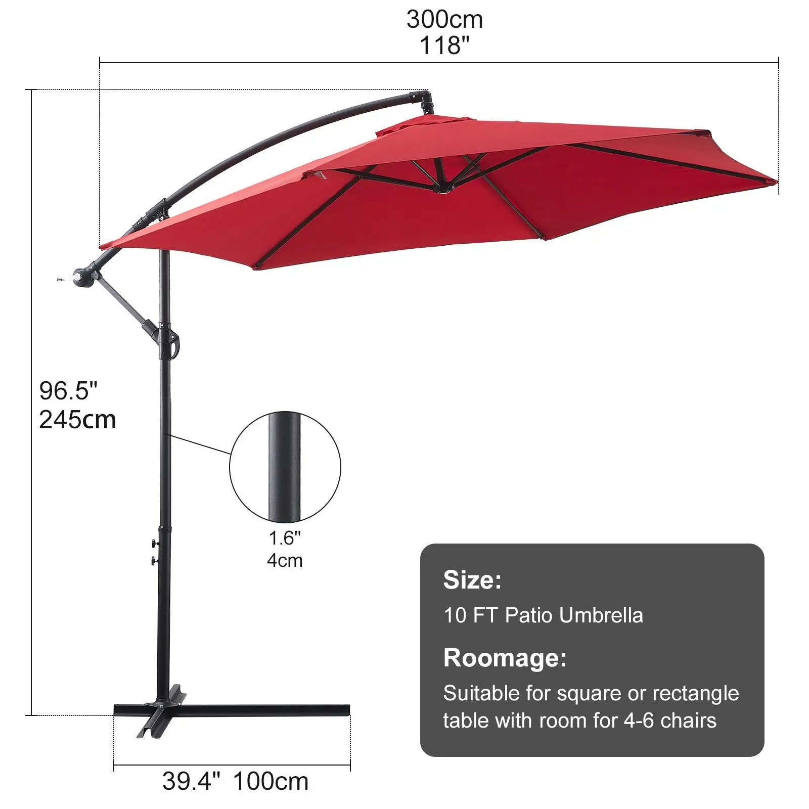 10ft Offset Patio Umbrella with Tilt Crank - UV 50+ Sun Shade for Garden, for market & Pool - Sturdy 6-Rib Design, Red
