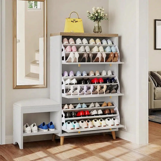 Shoe Cabinet with 3 Flip Drawers Adjustable Storage Organizer Freestanding Entryway Bench Indoor Hallway Bedroom Shoes Rack