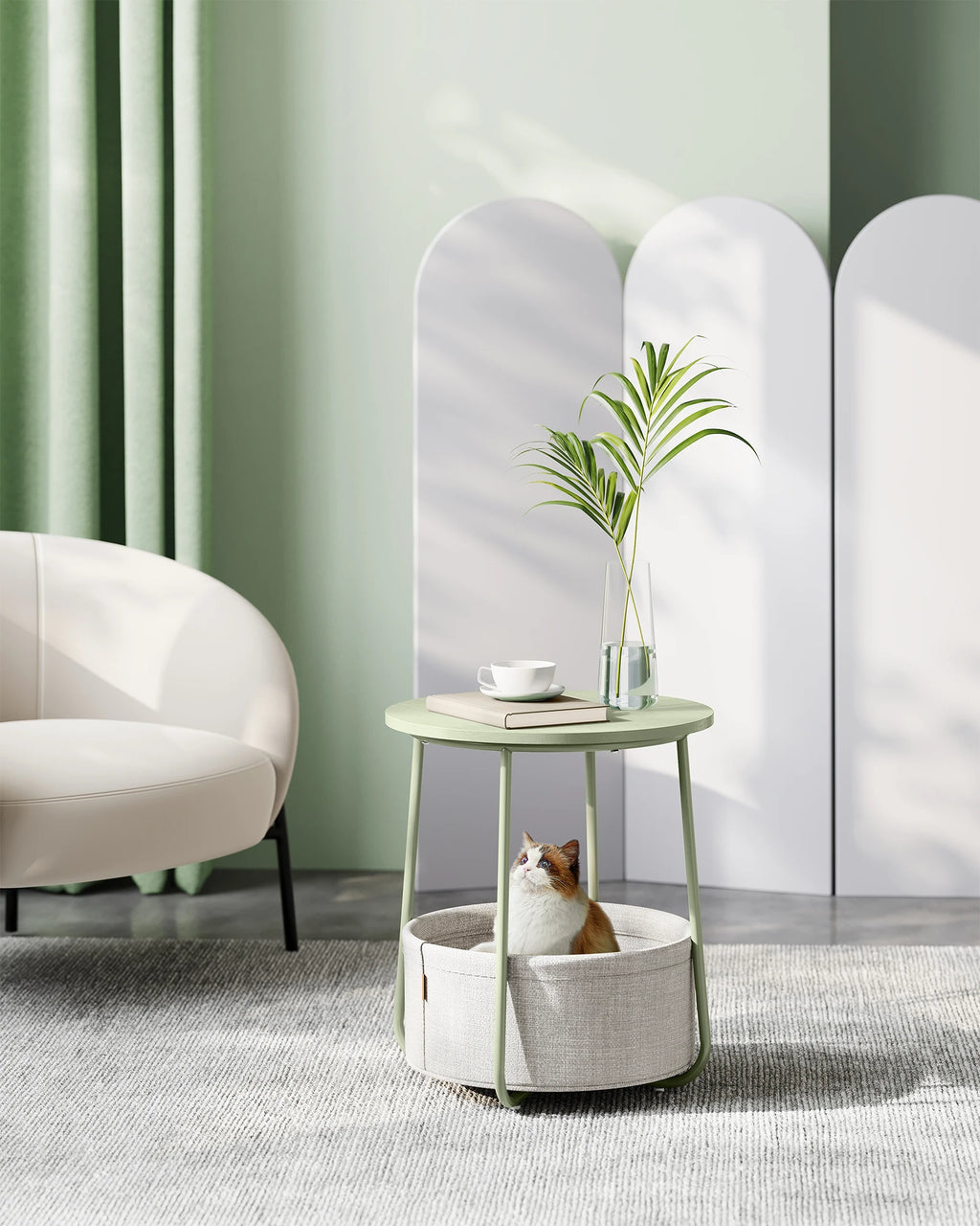 VASAGLE side table round small table coffee table small living room table with fabric basket living room storage space